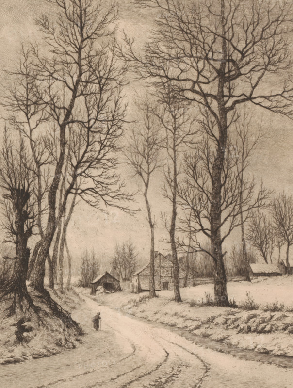 Winter landscape near Auderghem, Hiver à Auderghem (Belgium), print, printmaker: Aristide de Biseau (signed by artist), 1854 - 1883, paper, etching, intaglio printmaking technique, height 314 mm x width 236 mm, forest path or lane, Auderghem, A monochrome scene showing tall bare trees with intricate branching rising against a textured sky, a winding dirt path curving through the foreground with visible ruts, a small figure standing on the path, clustered rustic wooden buildings among the trees including a larger timber structure and smaller outbuildings, uneven ground with tufts of grass and exposed roots near a tree base, and distant leafless trees filling the background.