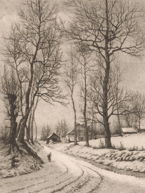 Winter landscape near Oudergem, Hiver à Auderghem (Belgique), print, watermark: 'Dambricourt Frères', printmaker: Aristide de Biseau (signed by artist), 1854 - 1883, paper, etching, intaglio printmaking technique, height 316 mm x width 234 mm, forest path or lane, A monochrome landscape showing tall leafless trees with intricate branching dominating the scene, a winding dirt path running from the foreground toward the middle distance, a small figure walking on the path carrying a staff, clustered rustic buildings with pitched roofs nestled among the trees, a smaller shelter or shed near the road, low vegetation and grass along the roadside, rutted track marks in the foreground, and a cloudy sky visible through the bare branches.