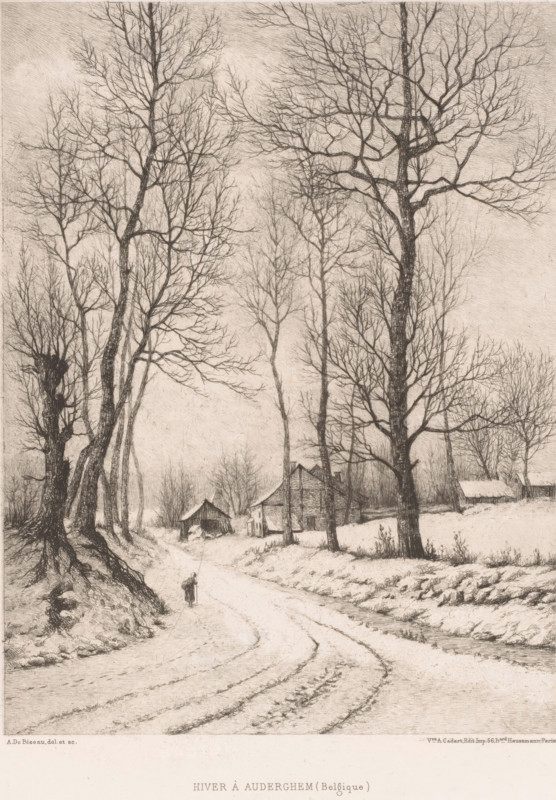 Winter landscape near Auderghem, Hiver à Auderghem (Belgium), print, printmaker: Aristide de Biseau, publisher: Alfred Cadart, Paris, 1854 - 1883, paper, etching, intaglio printmaking technique, height 314 mm x width 234 mm, forest path or lane, Auderghem, A monochrome etching showing a snowy rural scene with tall leafless trees lining a winding road, their bare branches creating intricate patterns against the sky. Along the road are simple buildings including a house and smaller outbuildings with pitched roofs, some partially surrounded by trees and snow-covered ground. A solitary figure stands on the road near the foreground, and faint tracks curve along the snow toward the distance. The landscape includes low embankments, a shallow ditch or stream beside the road, and distant clusters of trees fading into the background. The overall image is detailed with fine lines and crosshatching.