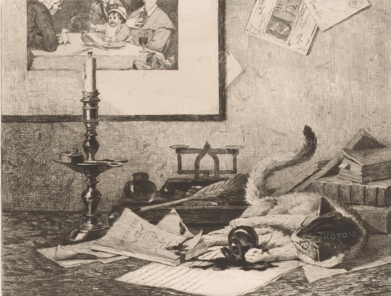 Playing cat spills an inkwell on the table, print, annotation: '3rd State', printmaker: Eduard van den Bosch, 1870 - 1880, paper, etching, drypoint, intaglio printmaking technique, height 207 mm x width 257 mm, A later state of this print was used in one of the installments of: Album du Journal des Beaux-Arts. Antwerp: sn, 1870-1880., cat, ink-well, A detailed monochrome drawing shows a tabletop scene with a reclining cat in the foreground, its head resting on a scroll or rolled paper and its tail curled upward; scattered sheets of paper lie beneath and around the cat. To the left of the cat is a tall candlestick with a partially melted candle, standing on a base with decorative shaping, and near it are small inkwell-type containers and a set of scales on the table. In the upper left corner a framed picture on the wall depicts people seated at a table with a child and a glass, and above the table area on the right side there are folded or pinned papers on the wall and a stack of books ...