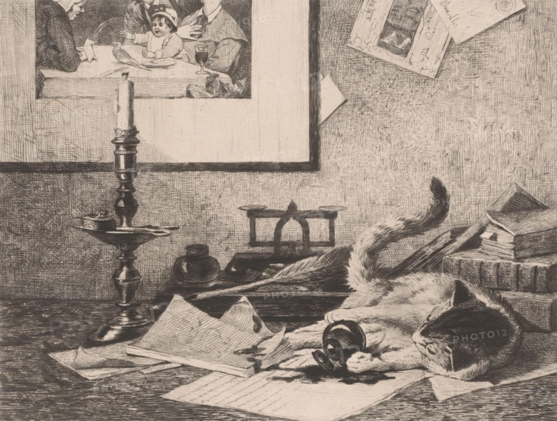 Playing cat spills an inkwell on the table, print, printmaker: Eduard van den Bosch, printer (person): F. Nys, Brussels, 1870 - 1880, printer (person), paper, chine collé, etching, drypoint, intaglio printmaking technique, height 207 mm x width 257 mm, A detailed ink drawing shows a tabletop scene with a sleeping cat curled among scattered sheets and an open book, a small bell near the cat's paw, and a fur pelt beneath part of the cat; to the left a tall ornate candlestick holds a partially melted candle, with a small inkwell and dripping tray nearby, and a two-pan balance scale sits behind them; above the table a framed picture hangs on the wall depicting several figures around a table, and various folded papers and envelopes are tacked or resting on the wall and corner of the frame.