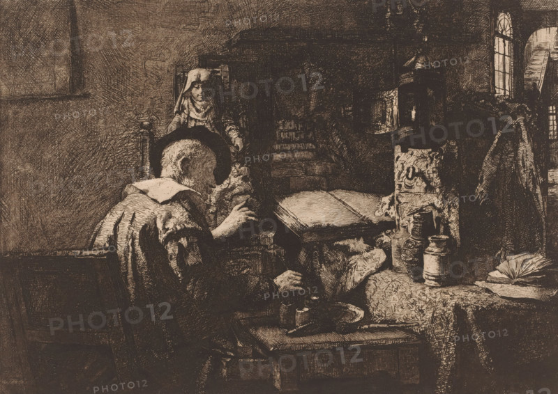Artist at work in his studio, The painting re-tester, print, mark: 'Antwerpsche Etsers 1880', annotation: 'Le Polychromeur', printmaker: Léon Brunin (signed by artist), 1889, paper, etching, drypoint, intaglio printmaking technique, height 240 mm x width 319 mm, workshop, studio, painter, A dimly lit interior scene rendered in dark ink lines shows a seated figure hunched over a table, wearing a cloak and a broad-brimmed hat, with a visible hand holding a small object near a large open book on the table; behind the seated figure another person sits in a high-backed chair wearing a head covering; the table is cluttered with various vessels and containers and a folded cloth, while a patterned fabric drapes over part of the table edge; a tall cabinet or stove with decorative detailing stands to the right and an arched window with panes is visible in the background, with heavy cross-hatched shading filling the surrounding walls and floor.