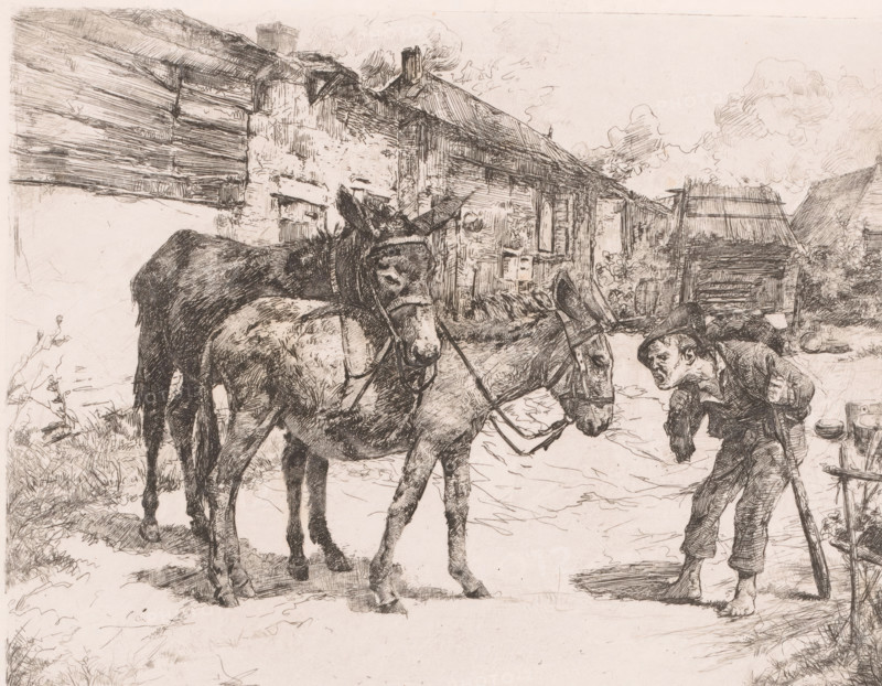 Man shouting at two donkeys, print, annotation: '1st state', printmaker: Léon Brunin (signed by artist), 1884, paper, etching, intaglio printmaking technique, height 194 mm x width 245 mm, ass, donkey, Rage, Anger, A detailed pen-and-ink scene shows two donkeys standing in the foreground, bridled and facing slightly toward the viewer, their textured coats rendered with dense cross-hatching; behind them a rustic lane leads past a row of worn buildings with sloping roofs, rough stone and timber walls, and visible roof tiles, while clouds are sketched in the sky above; to the right a barefoot man with a hunched posture leans on a staff, wearing a cap and simple clothing, his mouth open and his face heavily lined; further back are more wooden structures, a fenced area, scattered barrels and foliage, and the ground is uneven with grass and stones along the roadside.