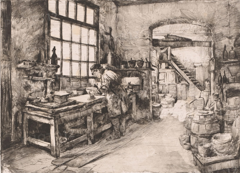 Color preparer at work in a studio, print, annotation: '1 state', printmaker: Léon Brunin (signed by artist), 1884, paper, etching, intaglio printmaking technique, height 237 mm x width 317 mm, colors, pigments, and paints, A detailed ink drawing of an interior workshop shows a large multi-paned window on the left with light coming through, a central workbench cluttered with tools and containers, and a figure leaning over the bench engaged with an object. Shelves, bottles, and assorted vessels line the walls and surfaces, and stacked boxes and barrels occupy the right side. A doorway with a low arch leads to a space with a steep wooden stair and more stored items, and rough plastered walls and wooden beams are visible throughout the scene. The floor is worn with scattered boards and the overall image is rendered in fine cross-hatched lines.