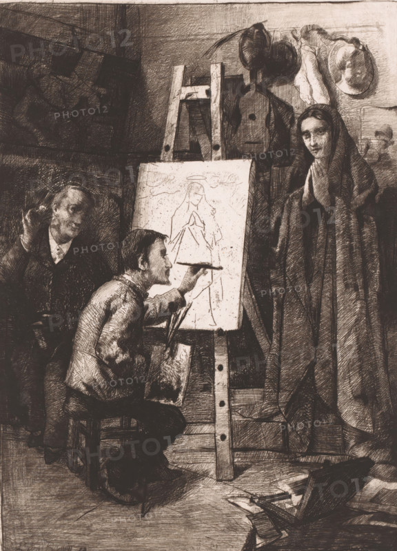 Painter, his model and an art lover in the studio, L'artiste, son modèle et l'amateur, print, annotation: '4me Etat', printmaker: Léon Brunin (signed by artist), 1883, paper, etching, drypoint, soft-ground etching, intaglio printmaking technique, height 291 mm x width 221 mm, painter working from clothed model, A dark, detailed sketch of an interior scene shows an easel with a canvas bearing a faint outline of a robed figure; a seated young man leans forward, holding a brush to the canvas and a palette tucked under his arm, while an older man stands nearby watching with a raised hand; to the right a veiled woman stands with hands clasped and a long cloak draped around her, and behind her a wall displays hanging hats and garments; the floor is littered with papers and drawing tools and the room is rendered with dense crosshatching and textured shading.