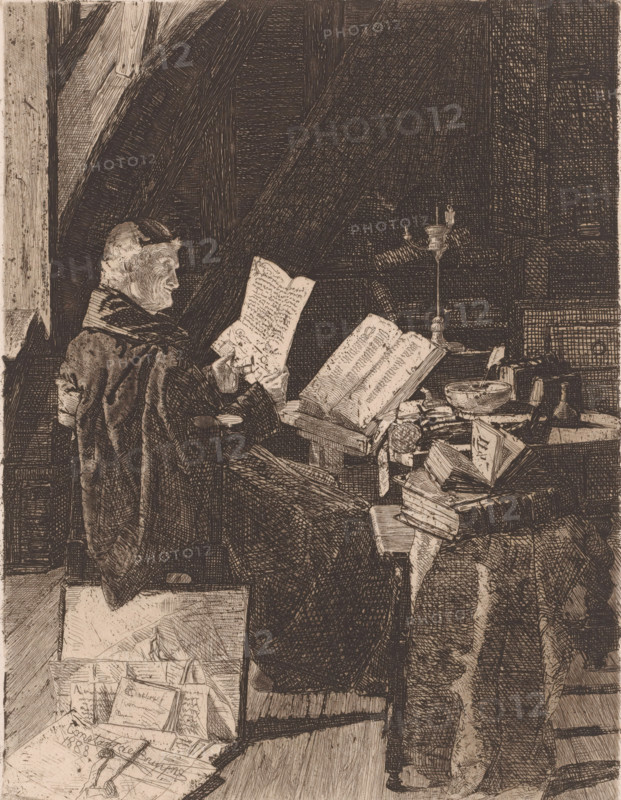 Clergyman studying ancient writings, print, annotation: 'Etat', printmaker: Constant De Bruyne, 1888, paper, etching, drypoint, intaglio printmaking technique, height 268 mm x width 207 mm, Date of artist's death unknown. Therefore, the date of manufacture and acquisition have been used to determine the rights to this object., monk(s), friar(s), An elderly man in a heavy dark robe sits at a cluttered wooden desk under exposed beams, holding a sheet of paper and looking toward it, with an open book propped on a stand and other books and loose papers scattered across the surface; a tall candleholder with a small flame stands near the open book, a bowl and various small objects rest among the papers, and stacks of documents and boxes are visible on the floor and beside the desk, while the scene is rendered in dense cross-hatched lines and a monochrome sepia tone.