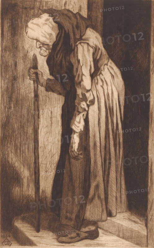 Old woman leaning on a cane in a doorway, print, annotation: 'vieille femme d'apres Grou.', annotation: '2 état', printmaker: Mary Hector Rupert Cantineau, printmaker: attributed to Virgile Cantineau, after design by Charles De Groux (possibly), 1885 - in or before 1909, Mary Hector Rupert Cantineau, Virgile Cantineau, Charles De Groux, printmaker, after design by, Attributed to, paper, etching, drypoint, intaglio printmaking technique, height 295 mm x width 196 mm, Date of death of printmaker unknown. Therefore, the date of acquisition has been used to determine the rights to this object., old woman, A monochrome etched image of an elderly person wearing a long dress and a head covering, leaning forward and gripping a tall staff with one hand while the other arm hangs limp at their side; the figure is draped in layered fabric including a dark shawl and lighter skirt with visible folds and creases, and their face is shown in profile with a downcast expression; the scene includes a vert...