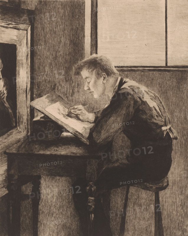 Draftsman bent over his work, print, annotation: '2 etat', annotation: 'Le dessinateur', printmaker: Florimond Buyck (signed by artist), 1889, paper, etching, intaglio printmaking technique, height 308 mm x width 239 mm, Date of death of printmaker unknown. Therefore, the acquisition date has been used to determine the rights to this object., portrait, self-portrait of artist, draughtsman at work, A person seated on a stool leans forward over a slanted drawing board placed on a table, holding a drawing implement and focusing on the paper; the person wears a dark garment with a lighter apron tied at the back and has short hair; the scene shows a window with a horizontal ledge behind the person and a framed opening to the left, with closely hatched shading creating texture on the walls, furniture, and clothing.