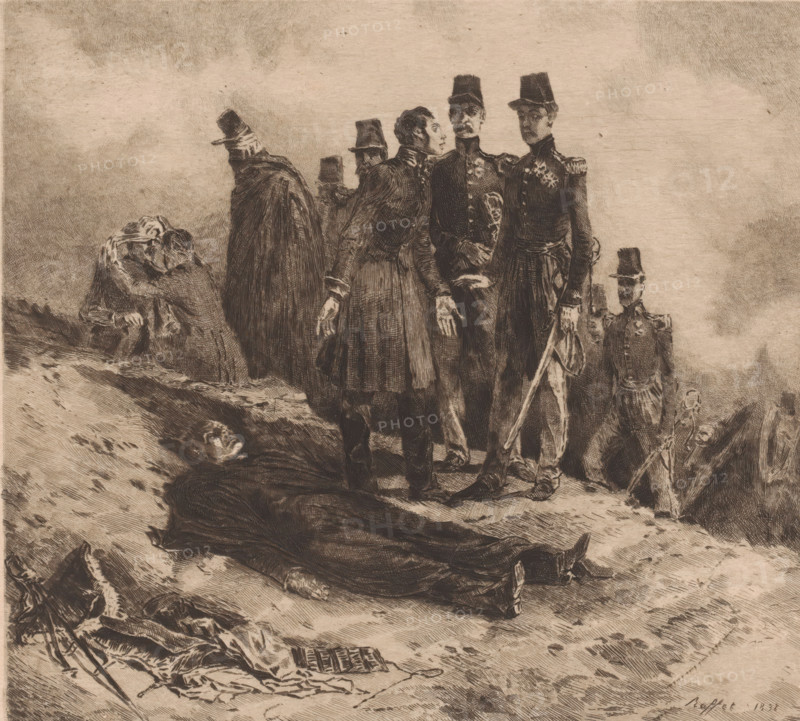 Death on the battlefield of General Ambremont, print, annotation: '2 etat', printmaker: Florimond Buyck (signed by artist), after design by Denis Auguste Marie Raffet, 1888, paper, Japanese paper (handmade paper), etching, intaglio printmaking technique, height 226 mm x width 243 mm, Date of death of printmaker unknown. Therefore, the acquisition date has been used to determine the rights to this object., the corpse, the defeated (after the battle), A group of men in dark military-style uniforms and tall hats stand on a sloped terrain, some facing forward and some in profile, while one man in similar dress leans on a cane; near them a cloaked figure stands with head bowed. In the foreground a body lies on the ground wearing a long dark garment, and nearby a seated figure grips another person who is bent over. Scattered on the ground are folded fabrics and a few objects suggestive of equipment. The scene is rendered in fine dark lines on a light textured background.