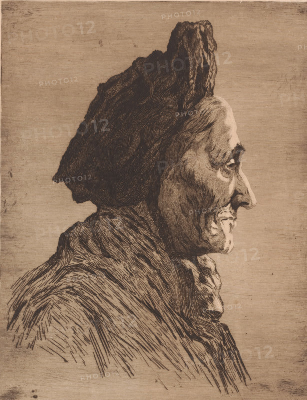 Portrait of an unknown old woman, in profile, print, annotation: 'unique proof', annotation: 'original proof', annotation: '1st State', printmaker: Mary Hector Rupert Cantineau (signed by artist), 1896-06, paper, etching, drypoint, intaglio printmaking technique, height 319 mm x width 248 mm, Date of death of printmaker unknown. Therefore, the date of creation and acquisition have been used to determine the rights to this object., old woman, A sepia-toned etching of an elderly person's profile facing right, showing a prominent hooked nose, deep-set eye, wrinkled cheek and chin, and a pronounced jawline. The figure wears a textured, dark head covering with a tall, irregular peak and a heavy, fur-like garment around the shoulders and neck rendered with dense, directional lines. The background is blank with a subtle grainy texture.