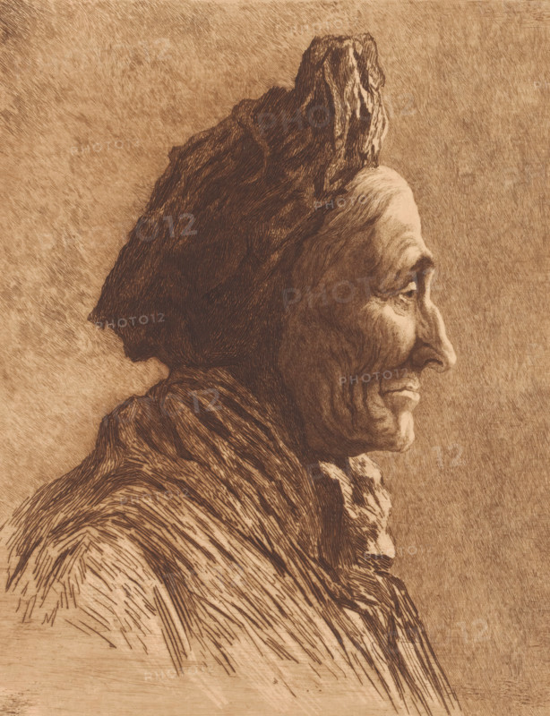 Portrait of an unknown old woman, in profile, print, annotation: '2nd state', annotation: 'original two proofs', printmaker: Mary Hector Rupert Cantineau (signed by artist), 1896, paper, Japanese paper (handmade paper), etching, drypoint, intaglio printmaking technique, height 321 mm x width 252 mm, Date of death of printmaker unknown. Therefore, the date of creation and acquisition have been used to determine the rights to this object., old woman, A sepia-toned drawing shows a profile view of an elderly person facing right, with a prominent hooked nose, deep-set eye, and pronounced facial wrinkles. The person wears a dark, textured head covering that extends upward and back, and a layered garment with visible linear strokes suggesting folds and fabric. The rendering uses dense, directional hatching and cross-hatching to create shadows and contours across the face, clothing, and background, giving a carved or etched appearance. The background is uniformly shaded with fine, diagonal lin...