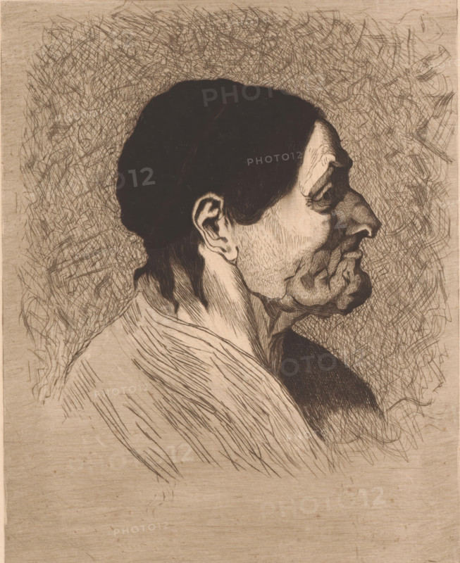Portrait of an unknown old woman, in profile, print, annotation: '2 eupreuves MC', annotation: '2me État', printmaker: Mary Hector Rupert Cantineau (signed by artist), after design by Auguste Danse, 1894-08-24, paper, etching, intaglio printmaking technique, height 276 mm x width 199 mm, Date of death of printmaker unknown. Therefore, for the determination of the rights to this object, the date of manufacture and acquisition have been used., old woman, A sepia-toned etching shows a close-up profile of an older man's head and shoulders facing right, with dark, closely cropped hair and a pronounced brow, nose, and chin; his ear, jawline, and neck are detailed with fine etched lines suggesting stubble and skin texture, and his lower face has deep wrinkles and folds. The man's clothing is suggested with sweeping, parallel lines across his shoulder and upper chest, and a darker, densely crosshatched area appears beneath his chin. The background is filled with chaotic, overlapping hatch mark...