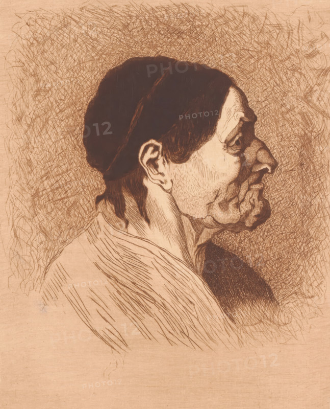 Portrait of an unknown old woman, in profile, print, annotation: '3rd state', annotation: '2 proofs MC', printmaker: Mary Hector Rupert Cantineau (signed by artist), after design by Auguste Danse, 1894, paper, etching, intaglio printmaking technique, height 276 mm x width 199 mm, Date of death of printmaker unknown. Therefore, the date of manufacture and acquisition have been used to determine the rights to this object., old woman, A sepia-toned pen-and-ink portrait of a man's head in profile facing right, showing a closely cropped dark cap, thick dark hair at the nape, a pronounced ear, and a lined face with a heavy, textured beard and moustache; the neck and shoulder drapery are sketched with long, flowing strokes, and the background is filled with dense, chaotic cross-hatching and scribbled lines.