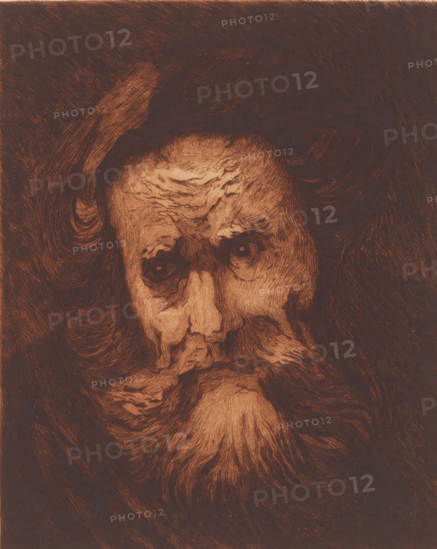 Head of an old man with a beard, print, annotation: '1er état', annotation: '6 tete d'apres Rembrant par Cantineau', annotation: '2 epreuves MC', printmaker: Mary Hector Rupert Cantineau (signed by artist), after design by Rembrandt van Rijn, 1885 - in or before 1909, Mary Hector Rupert Cantineau, Rembrandt van Rijn, printmaker, after design by, paper, etching, drypoint, intaglio printmaking technique, height 343 mm x width 264 mm, Date of death of printmaker unknown. Therefore, the acquisition date has been used to determine the rights to this object., Person, portrait, self-portrait of artist, A close-up etched portrait of an elderly face with deep-set eyes, a pronounced furrowed brow, and a long flowing beard, rendered in dark brown and warm copper tones with dense swirling hair surrounding the head and textured linework emphasizing wrinkles and facial contours.