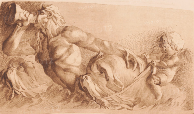 Triton blowing a conch, print, annotation: 'trois épreuves de c'est état. MC', annotation: '2me état', printmaker: Mary Hector Rupert Cantineau (signed by artist), after design by Jean Baptiste Carpeaux, 1885 - in or before 1909, Mary Hector Rupert Cantineau, Jean Baptiste Carpeaux, printmaker, after design by, paper, etching, drypoint, intaglio printmaking technique, height 221 mm x width 433 mm, Copy after a bas-relief. Date of death of printmaker unknown. Therefore, the acquisition date has been used to determine the rights to this object., dolphin, ornament, triton(s) (attributes), A sepia-toned drawing shows a muscular reclining male figure with a long beard and flowing hair, his torso and arm rendered with strong, curved shading and pronounced musculature; his head rests on one hand while his other arm extends across a large rounded object draped with fabric. Opposite him, a small cherub-like child with curly hair stands on a surface, gripping the edge of the draped object with b...