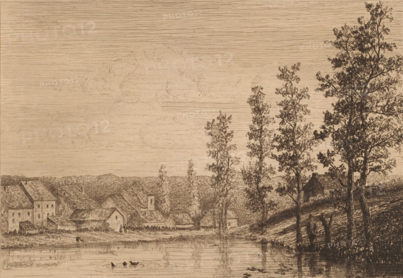 Boat of Boitsfort, print, printmaker: Hyacinthe Chameron (signed by artist), printer (person): F. Nys, Brussels, dedicated to: Monsieur Hap, 1800 - 1899, printer (person), paper, etching, drypoint, intaglio printmaking technique, height 237 mm x width 287 mm, landscapes, outskirts of village, pond, Watermaal-Bosvoorde, Bosvoorde, A sepia-toned etching showing a riverside scene with a calm body of water in the foreground reflecting faint ripples and a few ducks, a grassy bank with tall trees rising on the right, and two figures standing near the water under the trees. Beyond the bank a small village of clustered buildings with pitched roofs and a tower sits amid low vegetation, and the horizon is marked by a distant treeline. The sky is rendered with fine horizontal lines and subtle cloud forms, and the composition emphasizes vertical tree trunks and detailed foliage against the textured sky.