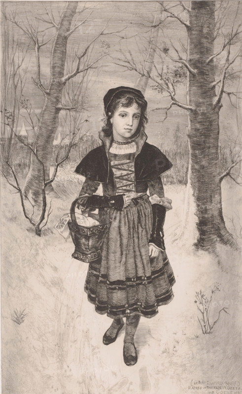 Le Petit Chaperon Rouge, Little Red Riding Hood, print, printmaker: Jean Baptiste Coene, after design by Willem Geets, 1891, paper, chine collé, etching, intaglio printmaking technique, etching with plate tone on chine collé, height 325 mm x width 200 mm, tales and fairy tales: Little Red Riding-hood, A young girl stands on a snowy path between two bare trees, wearing a dark hood or cap and a dress with a fitted bodice, laced front, and a full skirt with horizontal bands. She has a small capelet over her shoulders, long sleeves with fitted gloves, and plain shoes. One hand holds the handle of a woven basket lined with cloth, while the other rests near her waist. Her hair is visible under the hood, framing a calm, neutral facial expression. The background shows thin, leafless trees and distant rooftops peeking through the branches, with faint ground vegetation and footprints in the snow beneath her feet.