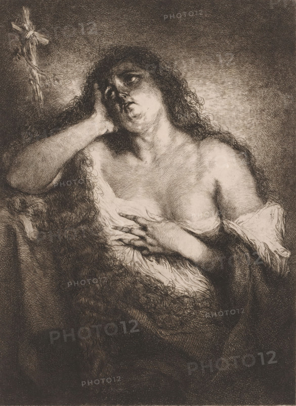 Penitent Mary Magdalene, print, printmaker: Frédérique Émile Auguste O'Connell-Miethe, after design by Frédérique Émile Auguste O'Connell-Miethe, 1833 - 1885, Frédérique Émile Auguste O'Connell-Miethe, printmaker, paper, chine collé, etching, drypoint, intaglio printmaking technique, height 258 mm x width 188 mm, the penitent harlot Mary Magdalene, possible attributes: book (or scroll), crown, crown of thorns, crucifix, jar of ointment, mirror, musical instrument, palm-branch, rosary, scourge - portrait of female saint, A monochrome engraving of a woman shown from the waist up, with long curly hair cascading over her shoulders and back, one hand pressed to the side of her head and the other resting on her chest; she wears a loose, partially open garment exposing her shoulders and upper chest, and her face is turned upward with a pensive expression. In the upper left corner a rough wooden cross is visible, and dense, finely hatched shading fills the background and parts of the figure, c...