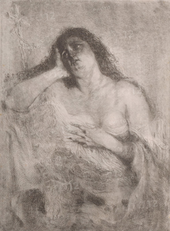 Penitent Mary Magdalene, print, printmaker: Frédérique Émile Auguste O'Connell-Miethe, after design by Frédérique Émile Auguste O'Connell-Miethe, 1833 - 1885, Frédérique Émile Auguste O'Connell-Miethe, printmaker, paper, chine collé, etching, intaglio printmaking technique, etching with plate tone, proof print, height 279 mm x width 215 mm, the penitent harlot Mary Magdalene, possible attributes: book (or scroll), crown, crown of thorns, crucifix, jar of ointment, mirror, musical instrument, palm-branch, rosary, scourge - portrait of female saint, A monochrome etching of a long-haired figure shown from the torso upward, with one arm raised so the hand supports the head and the other hand resting on the chest; the figure's hair is curly and dark, shading emphasizes facial features and the neck, and the bare shoulders and upper chest are visible with textured shading suggesting hair or fur across the torso; a simple vertical wooden cross with tied cloth appears at the left edge, and the ...