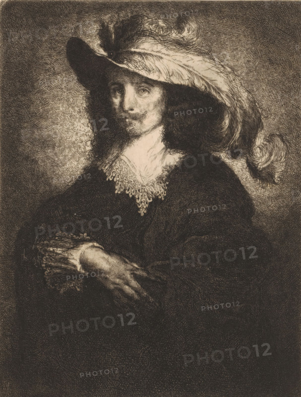 Nobleman from the time of Louis Frédérique Émile Auguste O'Connell-Miethe, paper, etching, drypoint, intaglio printmaking technique, etching and drypoint with plate tone, height 261 mm x width 197 mm, anonymous historical person portrayed alone, A sepia-toned etching of a seated man shown from the waist up wearing a wide-brimmed hat adorned with large flowing feathers, long curly dark hair falling to his shoulders, a narrow mustache and small pointed beard, a lace-trimmed collar visible at his neckline, a dark cloak or coat, and his hands resting one over the other with visible shading and crosshatching throughout the background and clothing.