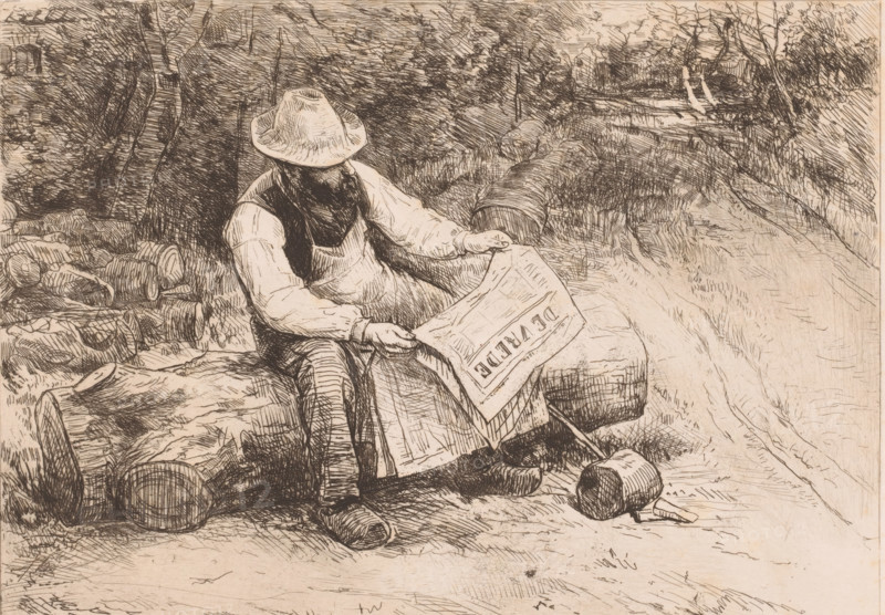 Woodcutter reading on a tree stump in the forest, print, mark: 'Antwerpsche Etsers 1880', printmaker: Florent Nicolas Crabeels (signed by artist), 1839 - 1896, paper, etching, intaglio printmaking technique, etching with plate tone, height 240 mm x width 320 mm, reading, newspaper, news-sheet, woodcutting, woodcutter, forestry, A seated man wearing a wide-brimmed hat and simple work clothes holds a folded sheet while sitting on a pile of logs and barrels; his head is slightly bowed and his hands grasp the paper at its edges. Surrounding him are stacked wooden barrels and cut tree trunks scattered on the ground. Behind him a path or waterway winds past dense foliage and trees that flank both sides of the scene, with more trees and vegetation extending into the background. The drawing is rendered in fine pen lines with crosshatching that creates texture and shading across the figures, wood, and landscape.