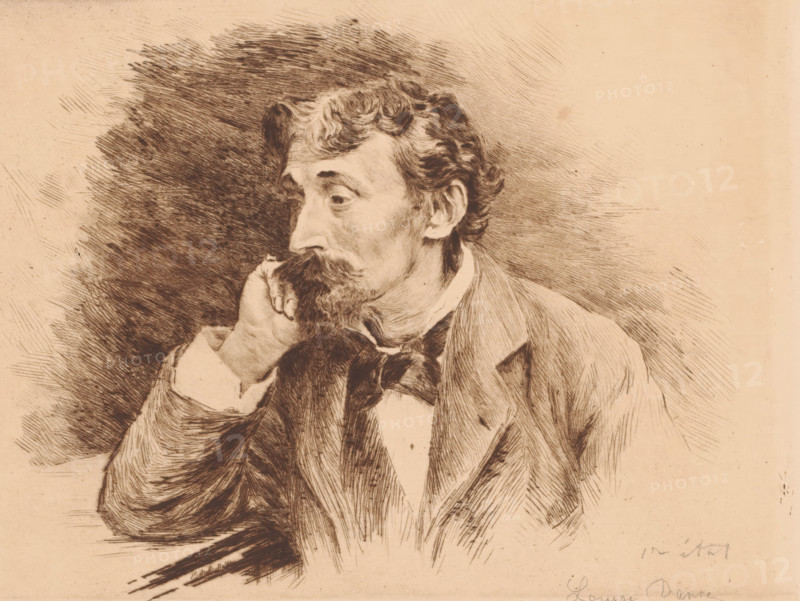 Portrait of Louis Artan de Saint-Martin, print, annotation: '1re état', printmaker: Louise Danse (signed by artist), 1891, paper, etching, drypoint, intaglio printmaking technique, height 199 mm x width 275 mm, Person, Louis Artan de St.Martin, anonymous historical person depicted alone, A sepia-toned sketch of a man shown from the chest up, turned slightly to his left with his head resting on his hand; he has wavy hair, a mustache and beard, and a contemplative facial expression. He wears a collared shirt with a bow or loosely tied neck accessory and a jacket with visible lapels and textured shading. The background features dense, crosshatched strokes concentrated behind his head that fade outward into lighter hatch marks, and the overall image is rendered with fine, linear etching lines and varied shading on the face, hair, clothing, and background.