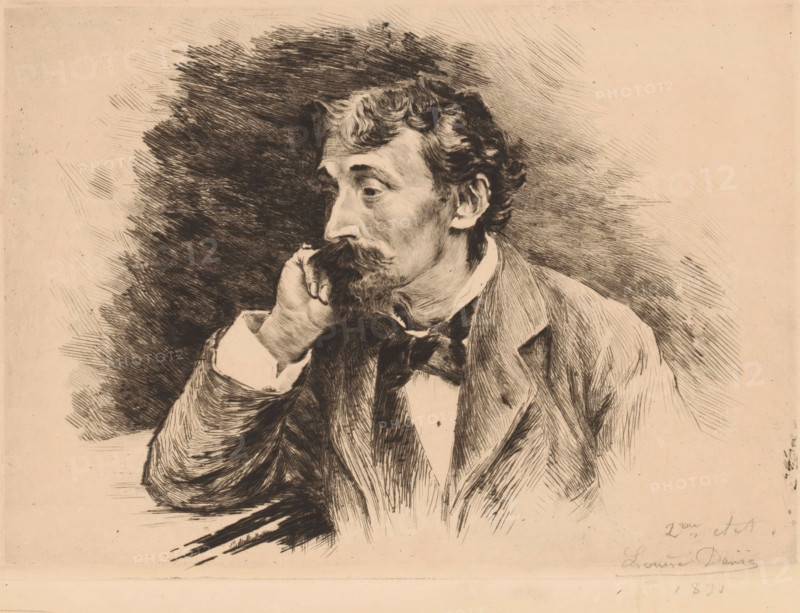 Portrait of Louis Artan de Saint-Martin, print, annotation: '2me etat', printmaker: Louise Danse (signed by artist), 1891, paper, etching, drypoint, intaglio printmaking technique, height 199 mm x width 275 mm, Person, Louis Artan de St.Martin, anonymous historical person depicted alone, A sepia-toned sketch of a seated man shown from the waist up, resting his head on his hand with his elbow bent and fingers near his cheek. He has wavy hair, a mustache, and a beard, and his gaze is directed slightly downward and to the side. He wears a jacket over a collared shirt and a loosely tied necktie. Dense, expressive crosshatching surrounds and defines his hair and the background, while finer lines render the folds and texture of his clothing and the contours of his face and hand. The image has an overall aged paper tone with visible sketch marks and shading strokes.