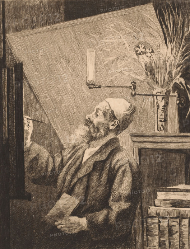 Auguste Danse at the easel, print, annotation: '2eme Etat', printmaker: Louise Danse (signed by artist), 1883, paper, etching, drypoint, intaglio printmaking technique, height 306 mm x width 237 mm, painter at work, in his studio, A bearded man wearing a cap and a loose robe is shown from the waist up, holding a rectangular object in one hand and a thin tool in the other while looking upward; behind him a large angled surface fills the upper left area, and a wall-mounted lamp with a cylindrical shade extends toward a tall vase holding long feathery grasses and a spotted round object among the stalks; to the right a wooden shelf displays stacked books with visible spines and a horizontal ledge above them.