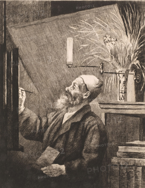 Auguste Danse at the easel, print, annotation: '3me Etat', printmaker: Louise Danse (signed by artist), 1883, paper, chine collé, etching, drypoint, intaglio printmaking technique, height 306 mm x width 237 mm, Person, Auguste Danse, painter at work, in his studio, An older man with a beard and a cap sits in profile holding a small flat object and a thin tool, his gaze directed upward toward a lit candle mounted on an adjustable arm; behind the candle, a tall vase filled with long, feathery grasses and seed pods stands on a shelf beside stacked books, and the scene is rendered in dense crosshatched lines creating strong contrasts and textured shading.
