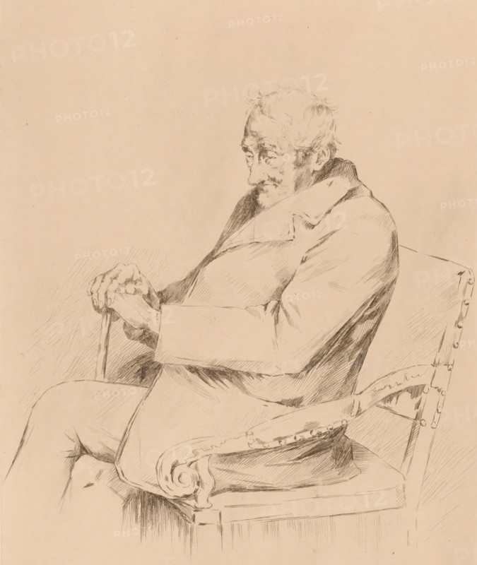 Old man with walking stick in a chair, print, annotation: '1er état', printmaker: Louise Danse (signed by artist), 1887, paper, etching, drypoint, intaglio printmaking technique, height 318 mm x width 238 mm, old man, anonymous historical person identified alone, A sepia-toned sketch of an elderly man seated in a carved wooden armchair, shown in profile with his head slightly bowed and eyes directed downward, wearing a loose overcoat with a prominent collar and holding a cane with both hands resting on its top, his facial features and thinning hair rendered with fine, expressive lines, the chair showing decorative scrollwork on the arm and nailhead trim along the back, and the background left largely empty.