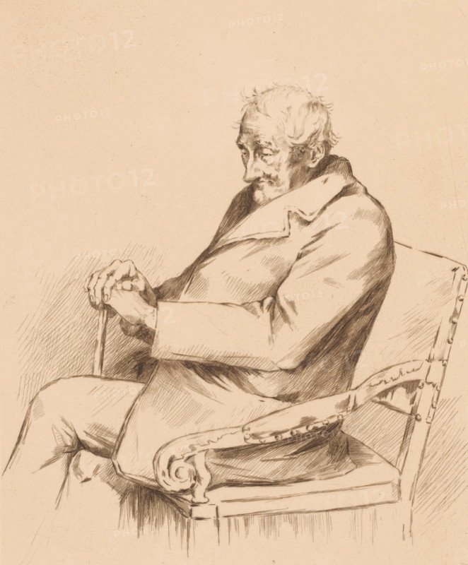 Old man with a walking stick in a chair, print, annotation: '2ème état', printmaker: Louise Danse (signed by artist), 1887, paper, etching, drypoint, intaglio printmaking technique, height 318 mm x width 238 mm, old man, anonymous historical person alone, A sepia-toned pencil or ink drawing of an elderly man seated in a carved wooden armchair, shown in profile with his head slightly bowed and eyes downcast, his thinning hair and lined face rendered with fine cross-hatching, wearing a heavy coat with a wide collar and his hands resting on the handle of a cane, the chair arm featuring decorative scrollwork and upholstery tacked with visible studs, the composition occupying the right side of the page against a largely blank background.