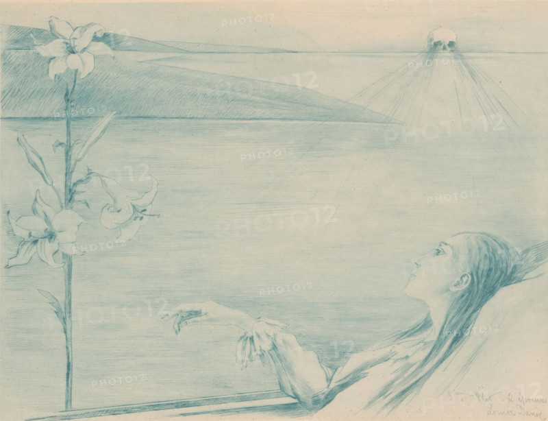 Dying young woman with a lily, print, annotation: '3ième Etat - 2 épreuves', printmaker: Louise Danse (signed by artist), 1877 - 1909, paper, etching, drypoint, print in blue, intaglio printmaking technique, height 198 mm x width 259 mm, death's head, skull (symbol of Death), flowers: lily, death of a young person, A pale blue pencil drawing shows a reclining figure seen in profile with long hair swept back and an upward gaze, an outstretched arm with delicate fingers and a loose-sleeved garment, a tall stem with large trumpet-shaped flowers rising from the lower edge, a distant horizon with layered horizontal planes and shaded triangular landforms, and a small skull-like shape near the upper edge emitting fine radiating lines.
