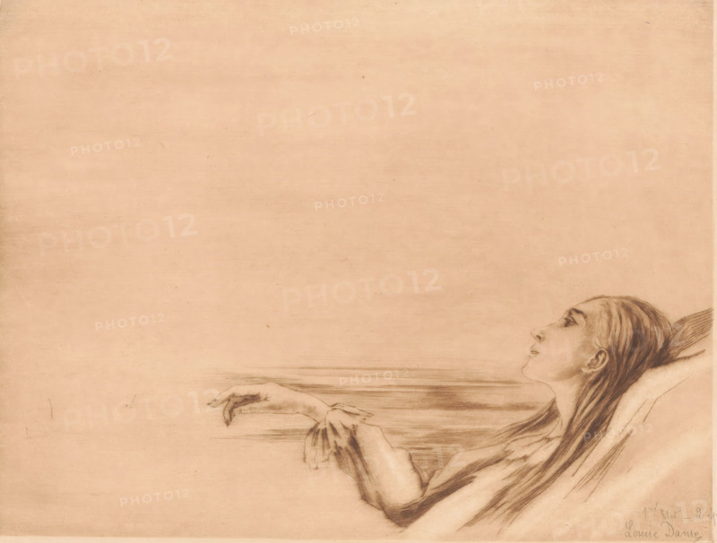 Dying young woman with a lily, print, annotation: '1er Etat - 2 épreuves', printmaker: Louise Danse (signed by artist), 1877 - 1909, paper, etching, drypoint, intaglio printmaking technique, etching and drypoint with plate tone, proof, height 198 mm x width 259 mm, death's head, skull (symbol of Death), flowers: lily, death of a young person, A sepia-toned drawing showing a reclining female figure occupying the lower right area, her head tilted back with eyes looking upward and long hair flowing behind her, a feather or wing-like shape near the back of her head, one arm extended outward with a delicately drawn hand and fingers relaxed, the other arm bent and resting across her body, soft shading and fine linework defining facial features, hair, and drapery, and a large empty background of textured paper filling the rest of the image.