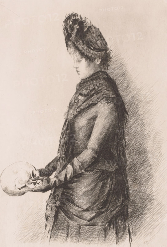 Young woman with a skull in her hands, print, annotation: '2nd state', printmaker: Louise Danse (signed by artist), 1887, paper, etching, intaglio printmaking technique, height 344 mm x width 226 mm, (human) skull, meditation over skull and, or crucifix, A monochrome sketch of a young person shown in profile facing left, wearing a tall, feathered hat and a textured shawl draped over the shoulders; the figure's facial features are rendered softly with a downward gaze, and gloved hands extend forward to hold a human skull, which is depicted with visible contours and shading; the clothing shows layered fabrics and folds with fine crosshatching, and the background features diagonal hatch marks contrasting with a mostly blank area.