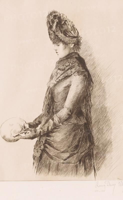 Young woman with a skull in her hands, print, annotation: '1er état', printmaker: Louise Danse (signed by artist), 1887, paper, etching, intaglio printmaking technique, height 344 mm x width 226 mm, (human) skull, meditation over skull and, or crucifix, A sepia-toned pen drawing of a woman in profile facing left, wearing a tall, textured hat with feathers and a layered, fur-trimmed shawl over a fitted dress, her hair peeking from beneath the hat and her expression neutral; she holds a human skull in both gloved hands at waist level, the skull turned slightly toward her; detailed crosshatching provides shading on her clothing and a diagonally hatched background behind her, with the lower portion of the image showing the folds and drapery of her skirt.
