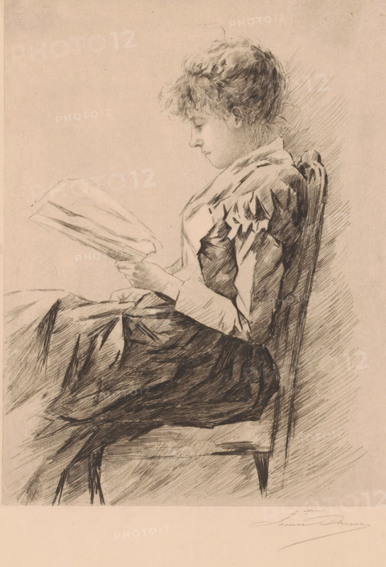 Young woman reading a letter, print, annotation: '2ème', printmaker: Louise Danse (signed by artist), 1877 - 1909, paper, etching, drypoint, intaglio printmaking technique, height 298 mm x width 227 mm, reading, letter, envelope, A seated young woman in profile faces left, her head slightly bowed as she looks at a folded sheet held in her hands, with short curly hair and a calm facial expression; she wears a light blouse with darker shadowed areas on the sleeves and a dark skirt, and she sits on a simple wooden chair with visible slats and legs, the drawing rendered in fine, crosshatched ink lines on a pale background.