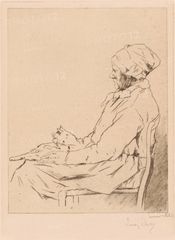 Old woman with a cat on her lap, print, annotation: 'dernier etat', printmaker: Louise Danse (signed by artist), 1877 - 1909, paper, etching, drypoint, intaglio printmaking technique, height 255 mm x width 186 mm, old woman, cat, A sepia-toned line drawing of a seated elderly woman in profile facing right, wearing a headscarf and a loose garment, with visible facial lines and a soft expression; her hands rest on her lap where a cat lies stretched out, its head raised and whiskers visible; the woman sits on a simple chair with a curved back, and the composition is framed within a rectangular border on a textured background.