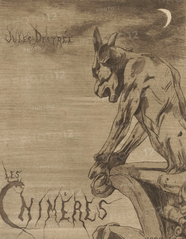 Gargoyle of Notre-Dame in Paris, Title page for: Jules Destrée, Les Chimères, 1889, print, title page, inscription: '3em Etat', printmaker: Marie Danse (signed by artist), printer (person): Joseph Bouwens, Brussels, printer (person), paper, etching, intaglio printmaking technique, etching with plate tone, height 315 mm, width 235 mm, Title page for: Destrée, Jules. Les Chimères. Brussels: J. Bouwens, 1889., piece of sculpture, reproduction of a piece of sculpture, ornament, hybrid animals, parts of church exterior and annexes, Paris, Notre-Dame (Paris), A sepia-toned etching shows a crouching humanoid creature with elongated limbs and pointed ears perched on a rocky ledge, its head bowed and facial features rendered with heavy line shading. The background is textured with horizontal lines and darker swirling strokes toward the upper right where a crescent shape appears against the sky. Jagged, root-like lettering appears across the upper left and lower left areas, and twisted, branchy ...