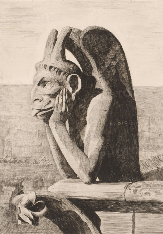 Gargoyle of Notre-Dame in Paris with wings and protruding tongue, print, inscription: '2m etat', printmaker: Marie Danse (signed by artist), 1888, paper, etching, intaglio printmaking technique, etching with plate tone, height 290 mm x width 200 mm, piece of sculpture, reproduction of a piece of sculpture, ornament, hybrid animals, parts of church exterior and annexes, Paris, Notre-Dame (Paris), A stone gargoyle with wings leans on a ledge, its head resting in its hands and its tongue slightly protruding, showing carved facial features and textured sculpting lines; the wings rise behind it with feather-like markings, and another carved element resembling a horned or animal head extends from the lower ledge, all rendered in fine parallel etching strokes against a lightly shaded background.