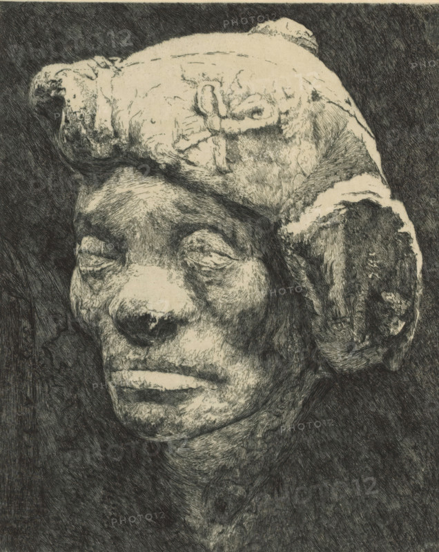 Head of a human, print, inscription: '3eme etat', printmaker: Marie Danse (signed by artist), 1889 - 1909, paper, etching, intaglio printmaking technique, etching with plate tone, height 280 mm x width 200 mm, Print was probably made after a fifteenth-century sculpture., head (human), A close-up etched portrait of an elderly person with closed eyes and a worn, textured face, showing deep lines and rough shading; the head is topped with a large, irregularly shaped cap or head covering with heavy cross-hatched detailing; prominent ears and a pronounced nose are visible, and the mouth is slightly downturned; the background is dark and densely hatched, contrasting with the lighter tones of the face and head covering.
