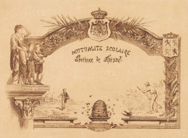 Diploma for the Mutualité scolaire, Hainaut, print, diploma, mark: 'Heijlemans', inscription: '2m etat, 1897, Deux epreuves', printmaker: Marie Danse (signed by artist), after design by unknown, paper, etching, intaglio printmaking technique, etching with plate tone, height 250 mm x width 356 mm, sowing, bee-hive, A sepia-toned illustrated scene framed by ornate columns and leafy garlands shows a standing female figure draped in flowing robes beside two boys, a coat of arms with a crown at the top center, and decorative foliage arching across the upper portion. Below the arch a small boy walks toward the foreground carrying a bowl while a cluster of flying insects surrounds a large beehive placed on a pedestal at the center. To the right a man wearing a brimmed hat holds a long tool and stands among tall grasses, while carved architectural details and wreaths decorate the vertical and horizontal borders. The drawing style is detailed with fine pen-and-ink shading and crosshatching thro...