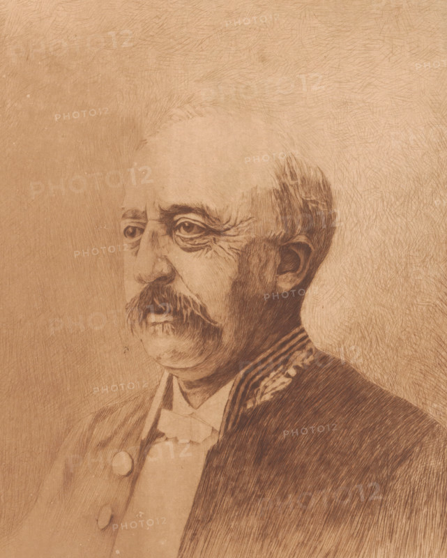 Portrait of Jules Audent, mayor of Charleroi, three-quarters to the left, print, annotation: '1er etat, deux epreuves', printmaker: Auguste Danse (signed by artist), 1897, paper, etching, drypoint, intaglio printmaking technique, height 308 mm x width 238 mm, Person, Jules Audent, historical person, - historical person, depicted alone, A sepia-toned portrait sketch of an older man shown in three-quarter view from the shoulders up, with a receding hairline, a mustache, and a beard, wearing a formal coat with a decorative collar and a bow at the neck; the drawing features fine, directional pencil or ink strokes creating textured shading across the face, hair, clothing, and background.