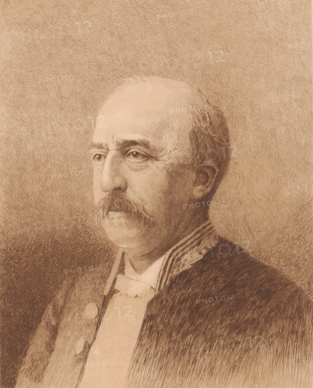 Portrait of Jules Audent, mayor of Charleroi, three-quarters to the left, print, annotation: '2eme etat, deux epreuves', printmaker: Auguste Danse (signed by artist), 1897, paper, etching, drypoint, intaglio printmaking technique, height 308 mm x width 238 mm, Person, Jules Audent, historical person, - historical person, depicted alone, A sepia-toned pencil-style portrait showing the right three-quarter view of an older man from the chest up, with a balding head, a mustache, and a short beard; he wears a formal coat with visible buttons, a high-collared shirt, and a bow at the neck, and the background is textured with closely hatched lines.