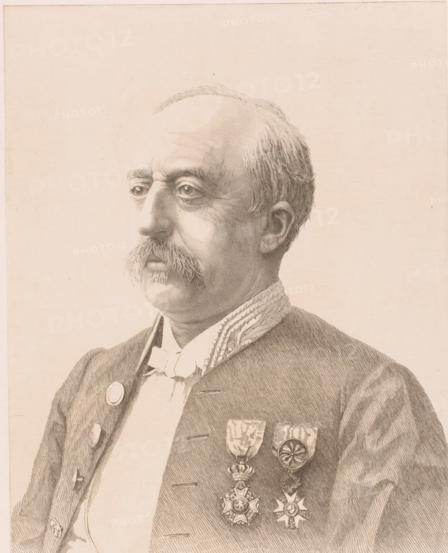 Les concitoyens, Portrait of Jules Audent, mayor of Charleroi, three-quarters to the left, print, annotation: '1er etat', printmaker: Auguste Danse (signed by artist), 1889, paper, chine collé, etching, engraving, height 321 mm x width 236 mm, Person, Jules Audent, historical person, - historical person, depicted alone, A sepia-toned portrait drawing of an older man shown from the chest up in three-quarter view, featuring a receding hairline, short hair, a prominent mustache, and visible facial lines; he wears a formal outfit with a high collar and decorative braided trim, a jacket with large round buttons, and several ornate medals and ribbons pinned to his chest, each medal having distinct shapes and suspended details; the background is plain and unadorned.