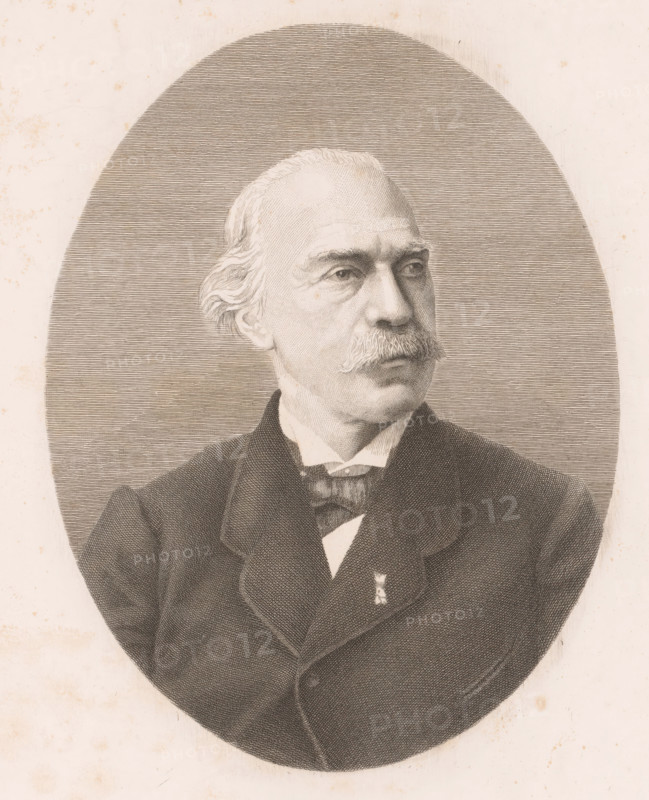 Portrait of an unknown man, possibly Boulez, print, annotation: '1er état', printmaker: Auguste Danse (signed by artist), 1882, paper, etching, height 272 mm x width 232 mm, anonymous historical person portrayed alone, A sepia-toned engraved portrait of an older man shown from the chest up inside an oval frame, with a receding hairline and wavy hair at the sides, a prominent mustache, a high forehead, and a contemplative expression as he looks off to the side; he wears a dark suit jacket over a vest and a high-collared shirt with a bow or cravat, and a small pin or decoration is visible on his jacket lapel, while the background within the oval is filled with closely spaced horizontal lines and the surrounding paper shows light age spots and discoloration.