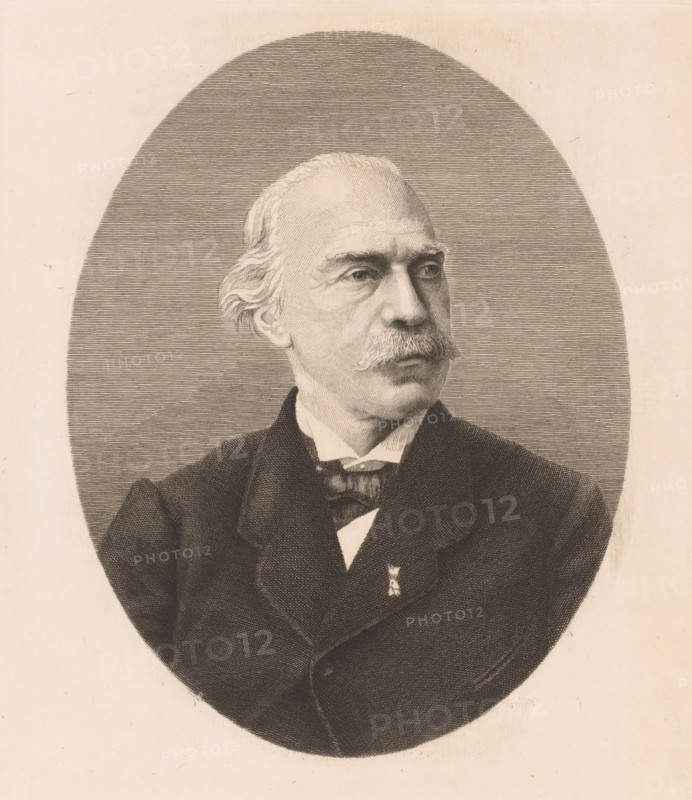 Portrait of an unknown man, possibly Boulez, print, annotation: '2nd state', printmaker: Auguste Danse (signed by artist), 1882, paper, etching, height 272 mm x width 232 mm, anonymous historical person portrayed alone, A sepia-toned engraved portrait of an older man shown from the chest up within an oval frame, featuring finely detailed facial hair with a full mustache and receding hairline with wavy hair at the sides, a high forehead, and a contemplative gaze directed slightly to the side; he wears a dark formal coat with a visible lapel and a bow tie or cravat at the collar, and the background inside the oval is filled with closely spaced horizontal lines while the outer margin is plain.