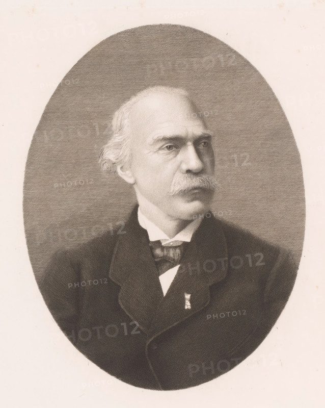 Portrait of an unknown man, possibly Boulez, print, annotation: '3rd State', printmaker: Auguste Danse (signed by artist), 1882, paper, etching, height 272 mm x width 232 mm, An oval-framed engraved portrait of an older man shown from the chest up, with a high forehead and receding hairline, short wavy hair at the sides, a full mustache, and a serious gaze directed slightly to the viewer's right; he is wearing a dark suit jacket with wide lapels, a high-collared shirt, and a visible cravat, and the background inside the oval is filled with closely spaced horizontal engraving lines while the outer margin is pale.