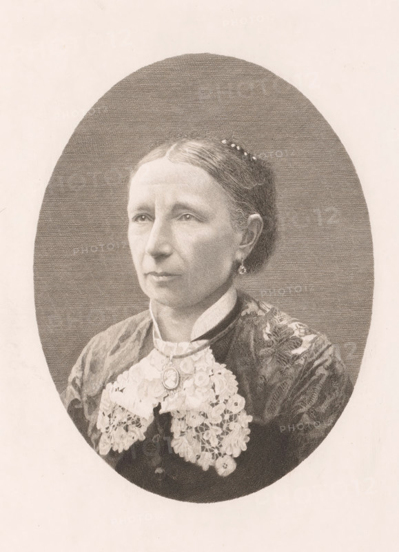 Portrait of an unknown woman, possibly Mrs. Boulez, print, annotation: '3rd state', printmaker: Auguste Danse (signed by artist), 1882, paper, etching, height 317 mm x width 238 mm, A monochrome engraved portrait of a middle-aged woman shown from the chest up within an oval frame, with her hair parted in the middle and pulled back, small decorative beads or pins visible on the side of her hair, a calm neutral expression, slightly downturned lips, and direct gaze; she wears a high-collared blouse with a lace front and a pendant brooch at the throat, a patterned outer garment over the shoulders, and a single hanging earring visible on one ear, all rendered with fine crosshatching and stippling against a textured oval background and a plain lighter surrounding page.