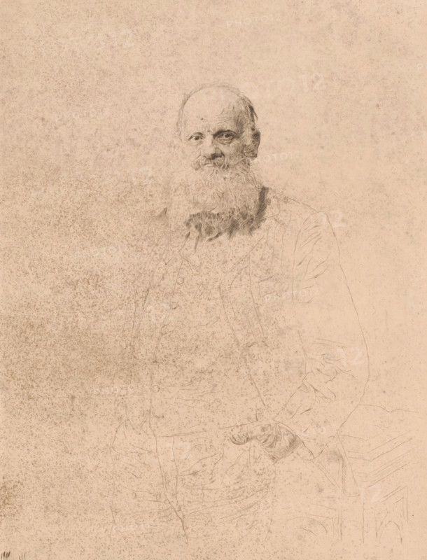Self-portrait, print, annotation: '1er état, deux epreuves de cet etat', printmaker: Auguste Danse (signed by artist), 1897, paper, etching, height 260 mm x width 200 mm, Person, portrait, self-portrait of artist, A faded sepia-toned sketch of an elderly man with a long, full beard and receding hairline seated and facing forward, his facial features rendered with fine pencil lines, wearing a jacket and vest with a loosely tied neckscarf, the paper shows mottled foxing and age spots across the background and figure, with the man's hand resting on his knee and faint, delicate linework indicating folds in his clothing and the outline of a chair.