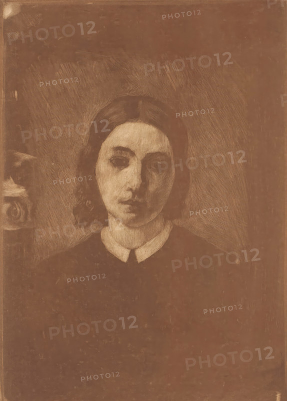 Portrait of Adèle Meunier-Danse, wife of the artist, Portrait de ma femme, print, annotation: '1er état, tiré a deux exemplaires', printmaker: Auguste Danse (signed by artist), 1896, paper, etching, aquatint, height 279 mm x width 199 mm, Person, Adèle Adrienne Meunier-Danse, historical person (with NAME) - BB - woman - historical person (with NAME) depicted alone, A monochromatic portrait of a young person with a somber expression, showing a pale face framed by dark, straight hair parted in the middle and pulled back, visible shoulders wearing a dark garment with a light-colored rounded collar, set against a textured background with visible directional shading marks and a partial ornamental shape at the left edge.